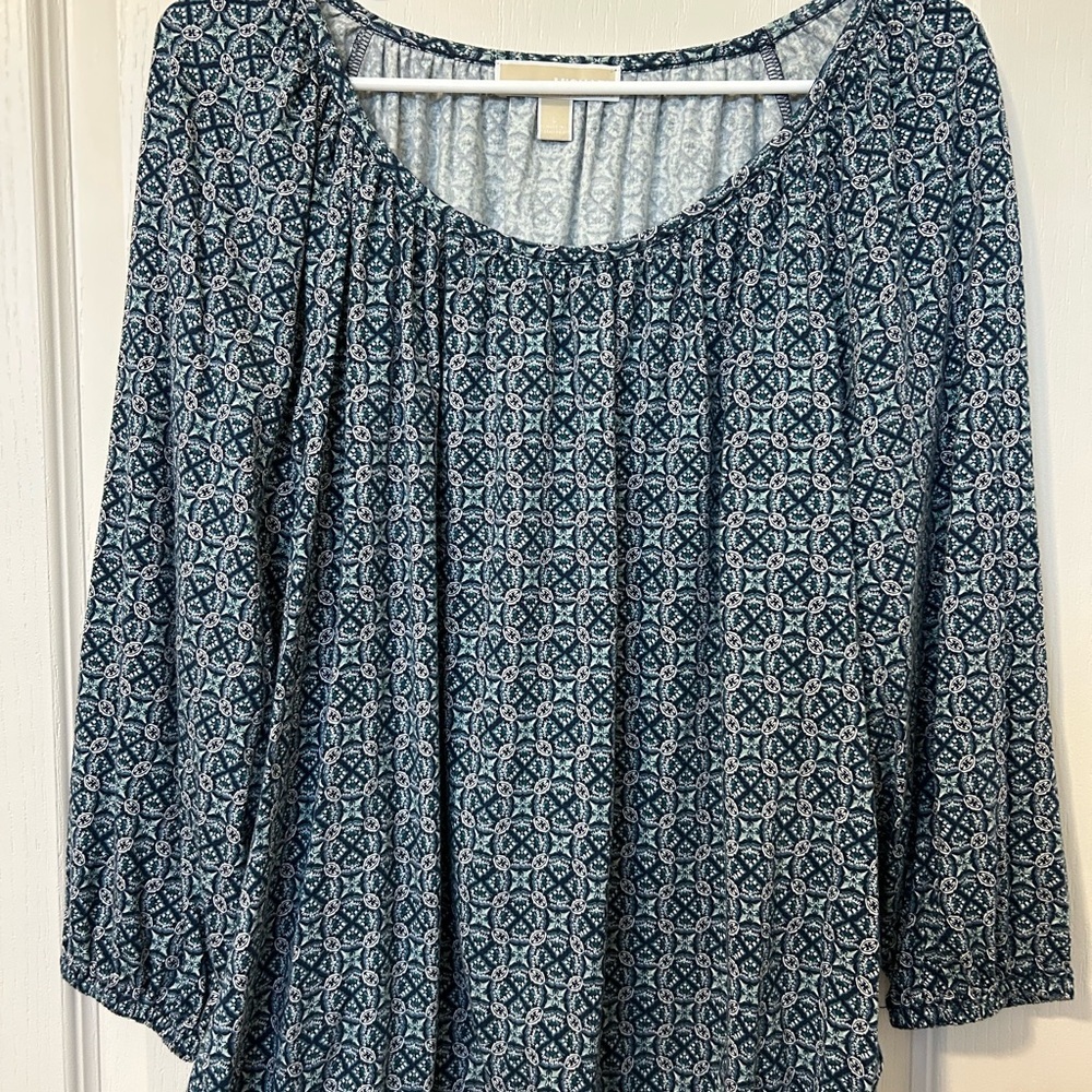 Womens Blue Patterned Peasant Top - Relaxed Scoop Neck